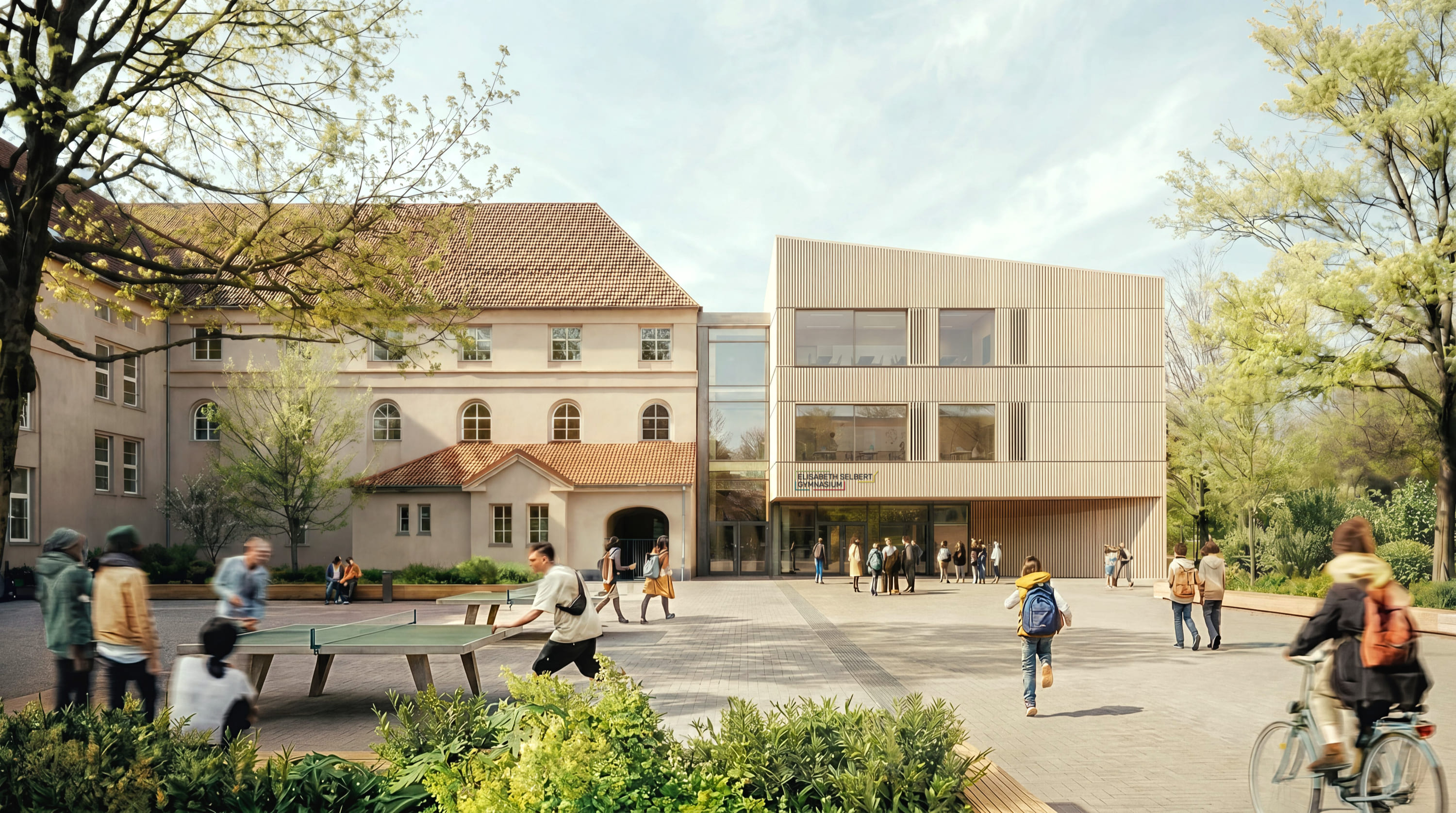 Zukunftsentwurf des Elisabeth-Selbert-Gymnasiums: Ein sonniger Schulhof, auf dem Schüler Tischtennis spielen, verbindet ein klassisches, historisches Gebäude mit einem modernen, dreistöckigen Neubau aus hellem Holz.