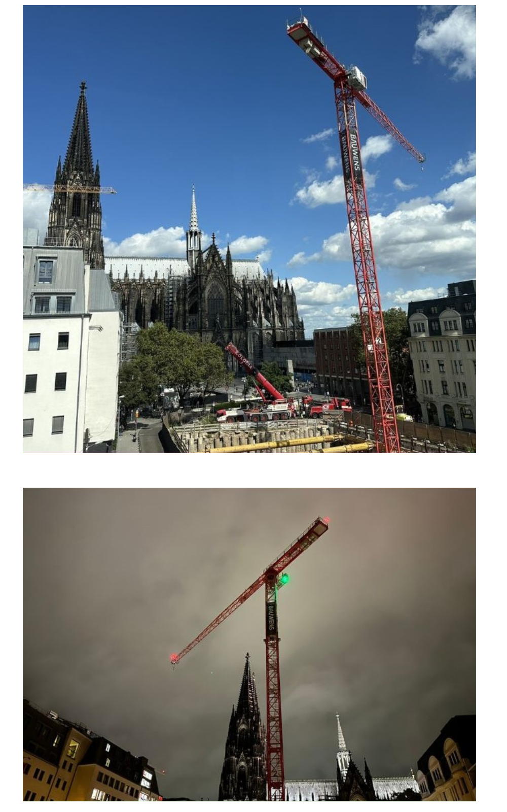 Zwei Fotos einer Baustelle am Kölner Dom: Oben tagsüber mit blauem Himmel, rotem Turmdrehkran und Bauarbeiten im Vordergrund. Unten dieselbe Szene nachts, der Kran ist beleuchtet, der Dom und die Umgebung sind angestrahlt.

                